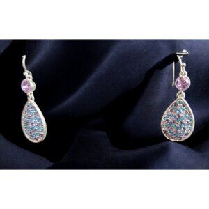 * Silvertone Purple and Blue Gemstone Teardrop Dangle Hook Earrings
